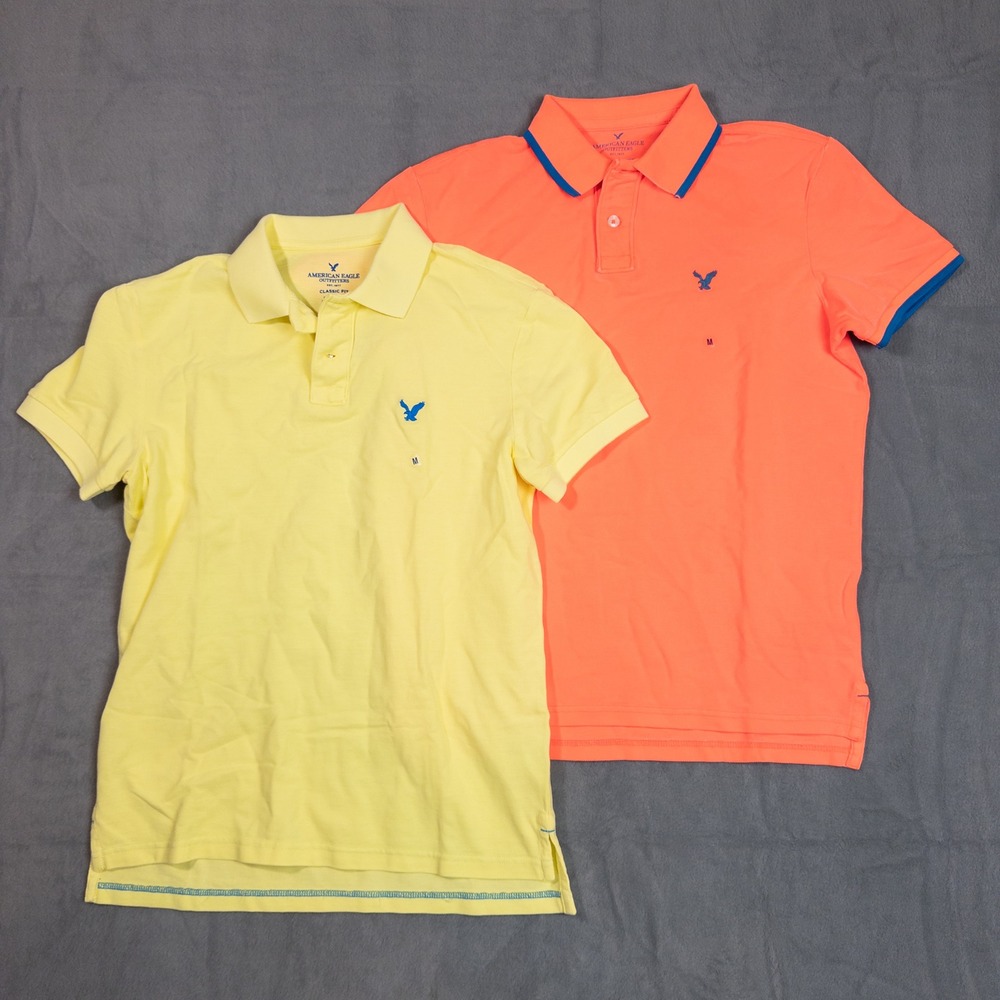 American Eagle Polo Shirt Men Medium Yellow Orange NEW 2 Pack Classic Fit Pique